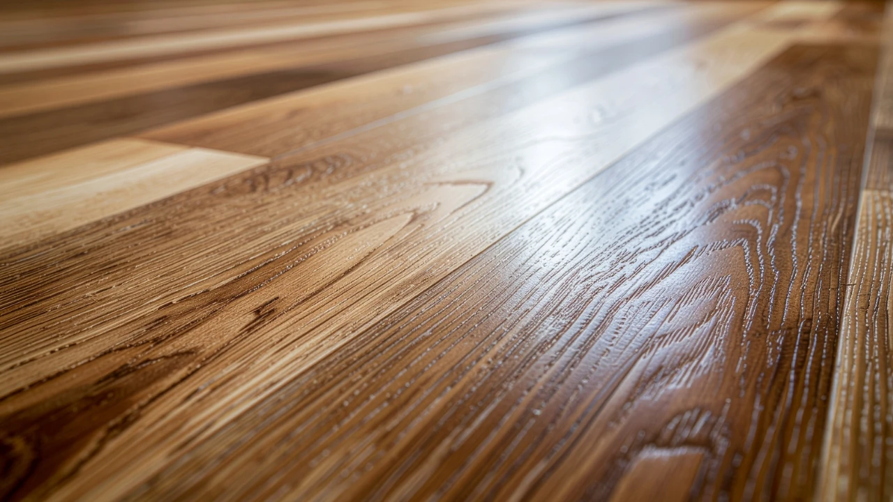 Detalle en primer plano del brillo de un piso de madera recién plastificado