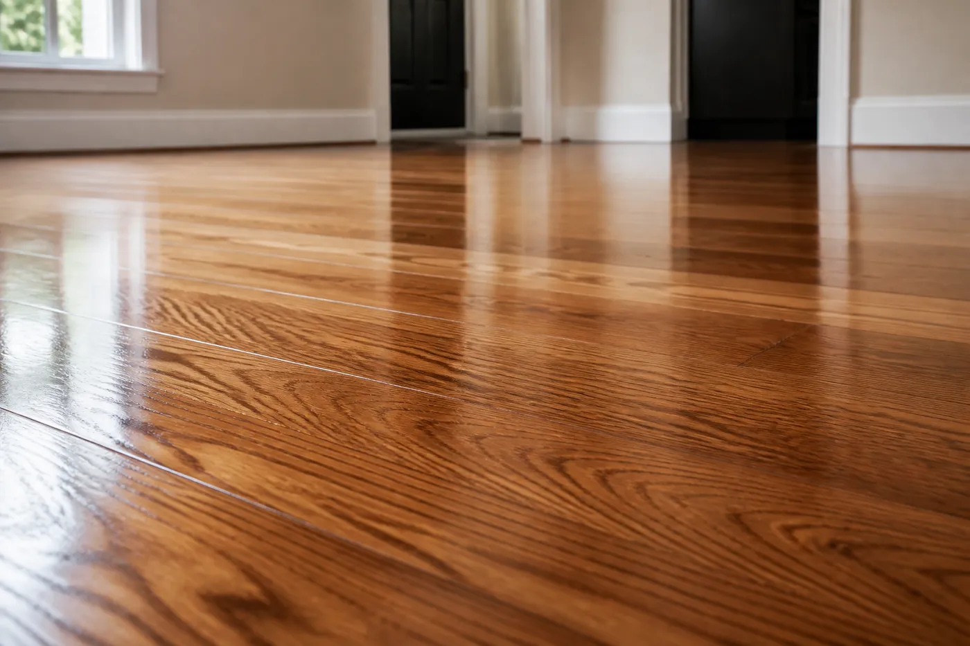 Detalle de la veta de un piso de tablón roble miel recién plastificado