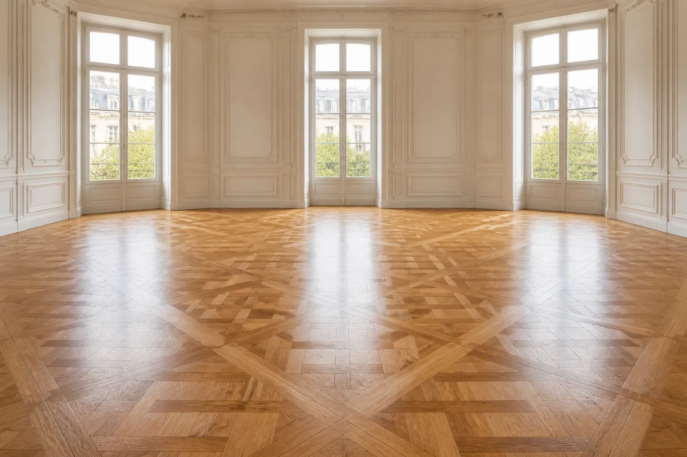 Parquet mosaico decorativo de roble con guardas, plastificado con terminación brillante